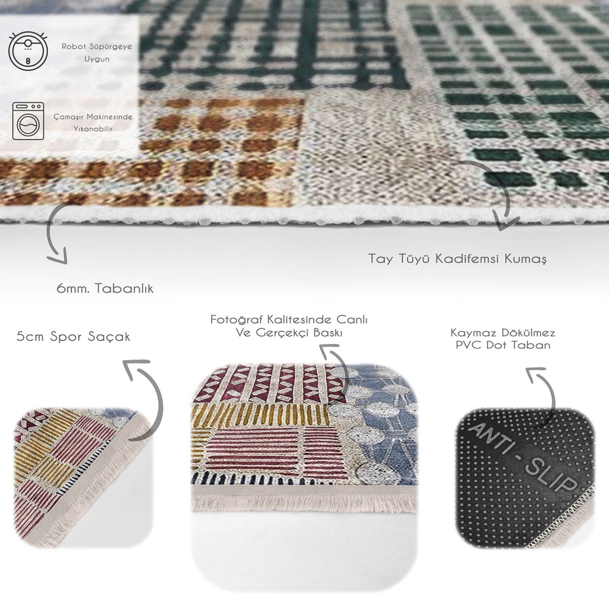 Krem Zeminde Geometrik Motifli Boya Desenli Klasik Vintage Salon & Oturma Odası Koridor & Antre Dijital Baskılı Makinede Yıkanabilir Kaymaz Taban Saçaklı Halı Realhomes