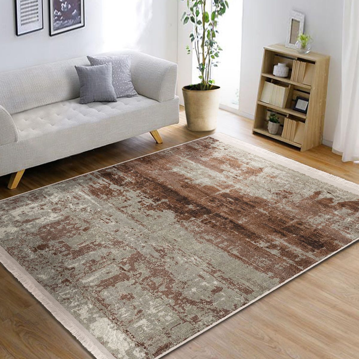 Krem - Kahverengi Zeminde Eskitme Motifli Antik Desenli Eskitme Motifli Vintage Koridor & Antre Salon & Oturma Odası Dijital Baskılı Makinede Yıkanabilir Kaymaz Taban Saçaklı Halı Realhomes