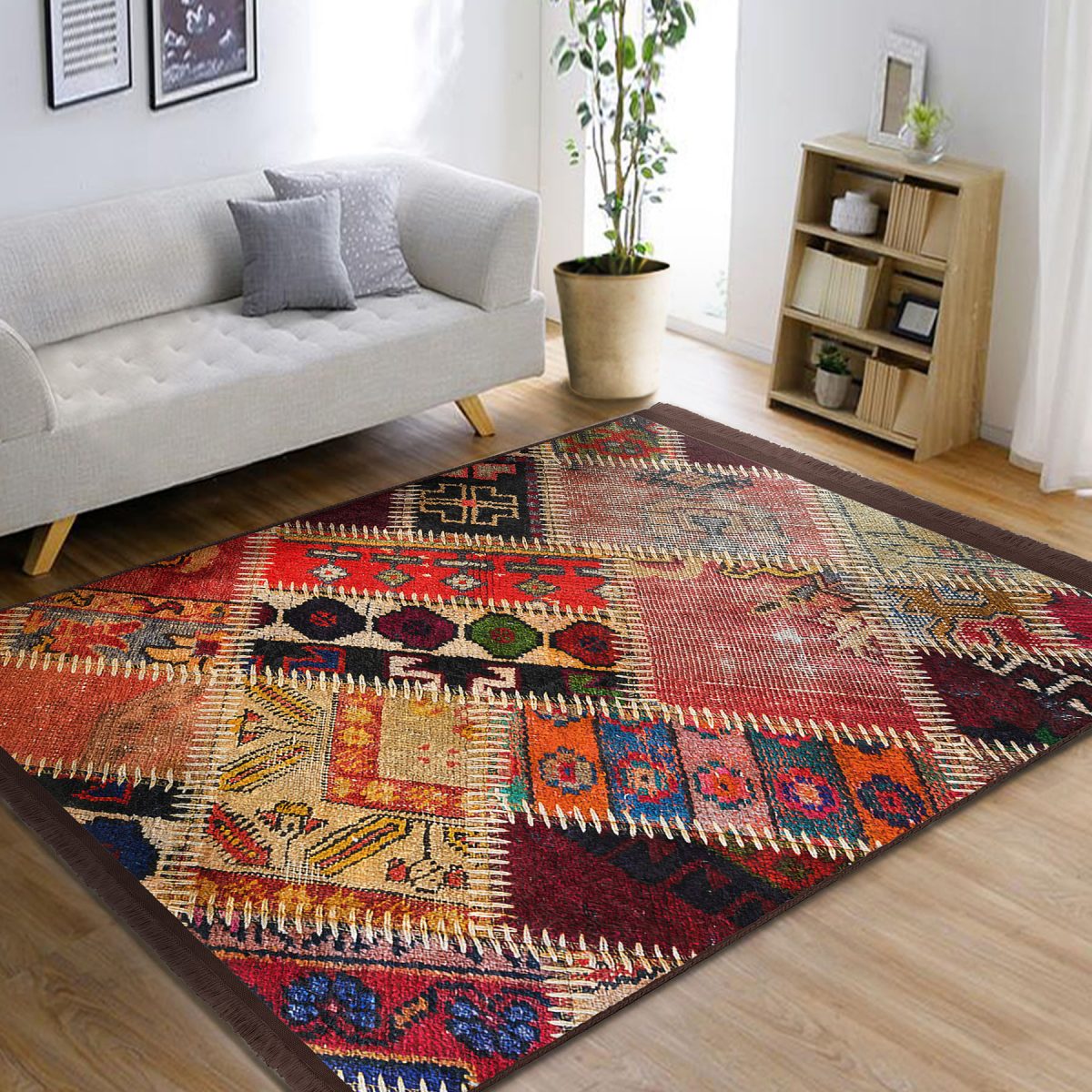 Kırmızı Zeminde Patchwork Motifli Geleneksel Desenli Vintage Etnik Motifler Salon & Oturma Odası Yatak Odası Dijital Baskılı Makinede Yıkanabilir Kaymaz Taban Saçaklı Halı Realhomes