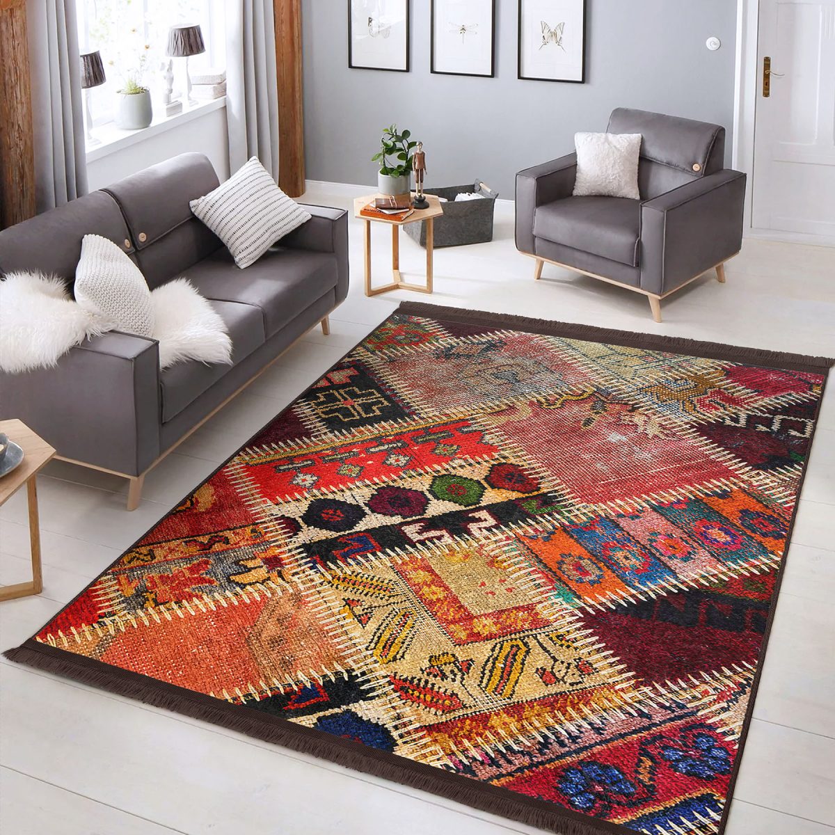 Kırmızı Zeminde Patchwork Motifli Geleneksel Desenli Vintage Etnik Motifler Salon & Oturma Odası Yatak Odası Dijital Baskılı Makinede Yıkanabilir Kaymaz Taban Saçaklı Halı Realhomes