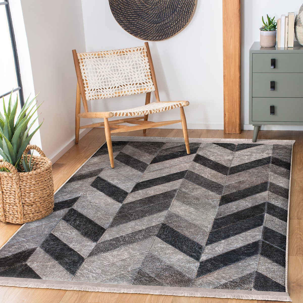 Krem - Kahverengi Zeminde Patchwork Motifli Kürk Desenli Sade & Şık Klasik Salon & Oturma Odası Koridor & Antre Dijital Baskılı Makinede Yıkanabilir Kaymaz Taban Saçaklı Halı Realhomes