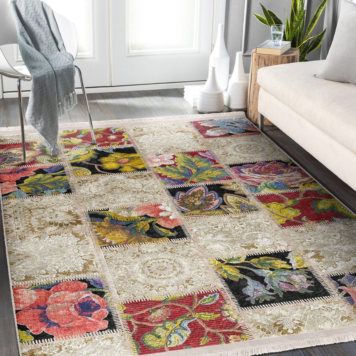 Geleneksel Zeminde Patchwork Motifli Etnik Desenli Vintage Avangarde Salon & Oturma Odası Koridor & Antre Dijital Baskılı Makinede Yıkanabilir Kaymaz Taban Saçaklı Halı Realhomes