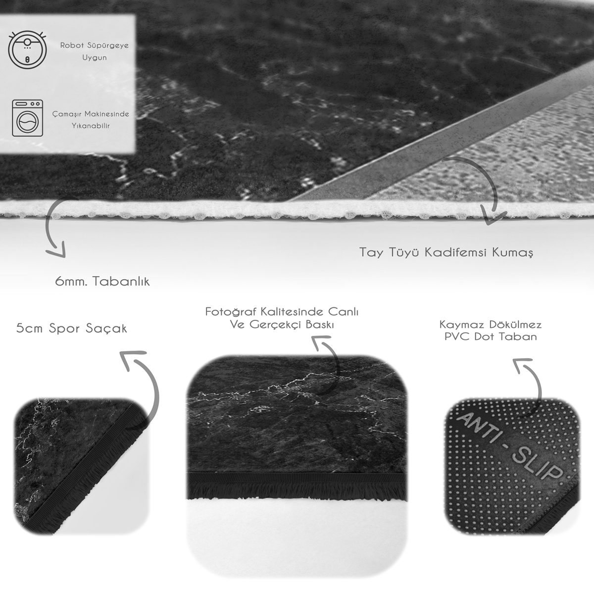 Siyah - Gri Zeminde Mermer Motifli Klasik Desenli Geometrik Sade & Şık Banyo Yatak Odası Dijital Baskılı Makinede Yıkanabilir Kaymaz Taban Saçaklı Halı Realhomes