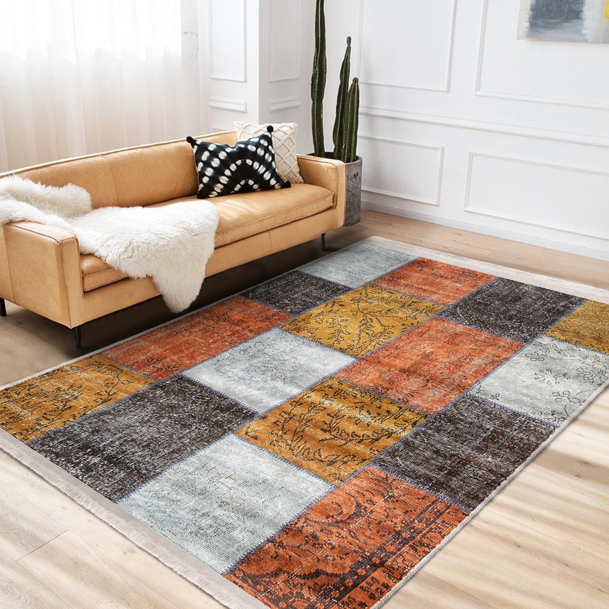 Kırkyama Zeminde Patchwork Motifli Etnik Desenli Klasik Vintage Salon & Oturma Odası Koridor & Antre Dijital Baskılı Makinede Yıkanabilir Kaymaz Taban Saçaklı Halı Realhomes