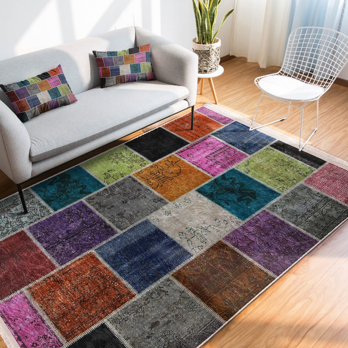 Geleneksel Zeminde Patchwork Motifli Etnik Desenli Klasik Vintage Salon & Oturma Odası Yatak Odası Dijital Baskılı Makinede Yıkanabilir Kaymaz Taban Saçaklı Halı Realhomes