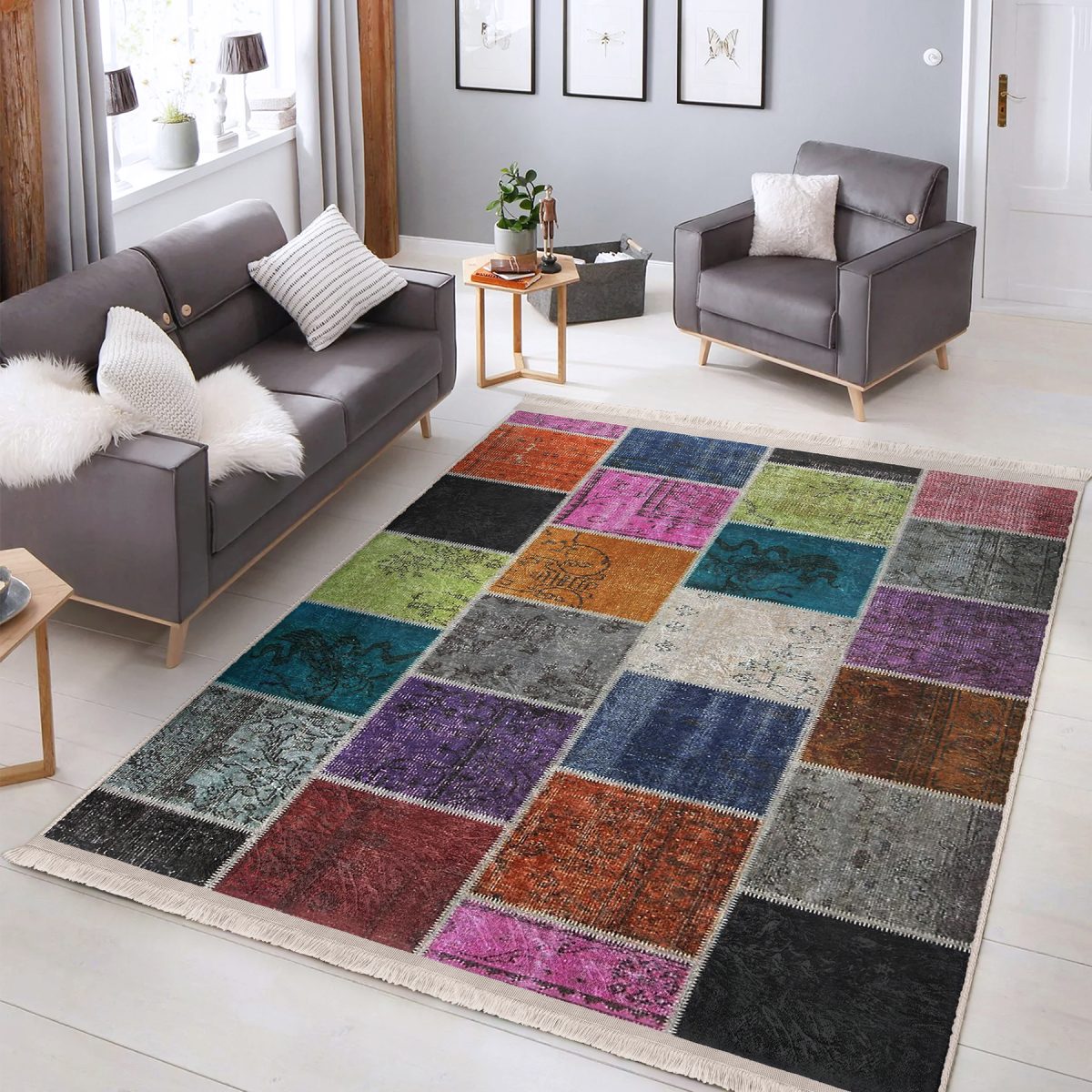 Geleneksel Zeminde Patchwork Motifli Etnik Desenli Klasik Vintage Salon & Oturma Odası Yatak Odası Dijital Baskılı Makinede Yıkanabilir Kaymaz Taban Saçaklı Halı Realhomes