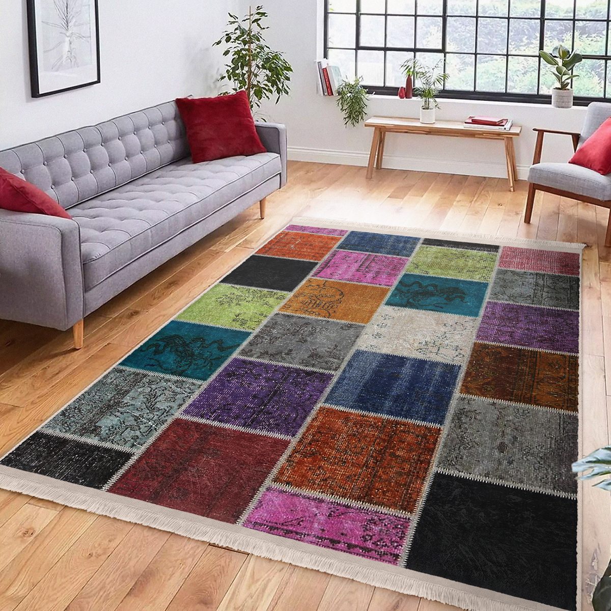 Geleneksel Zeminde Patchwork Motifli Etnik Desenli Klasik Vintage Salon & Oturma Odası Yatak Odası Dijital Baskılı Makinede Yıkanabilir Kaymaz Taban Saçaklı Halı Realhomes