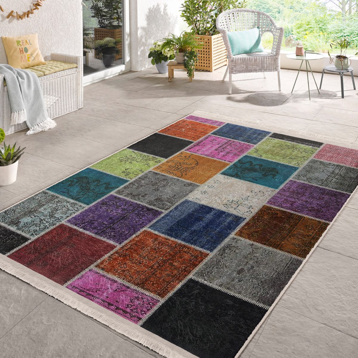 Geleneksel Zeminde Patchwork Motifli Etnik Desenli Klasik Vintage Salon & Oturma Odası Yatak Odası Dijital Baskılı Makinede Yıkanabilir Kaymaz Taban Saçaklı Halı Realhomes