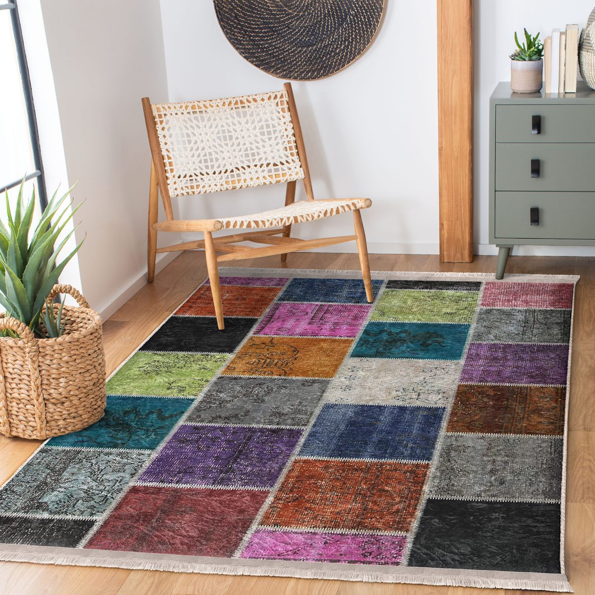 Geleneksel Zeminde Patchwork Motifli Etnik Desenli Klasik Vintage Salon & Oturma Odası Yatak Odası Dijital Baskılı Makinede Yıkanabilir Kaymaz Taban Saçaklı Halı Realhomes