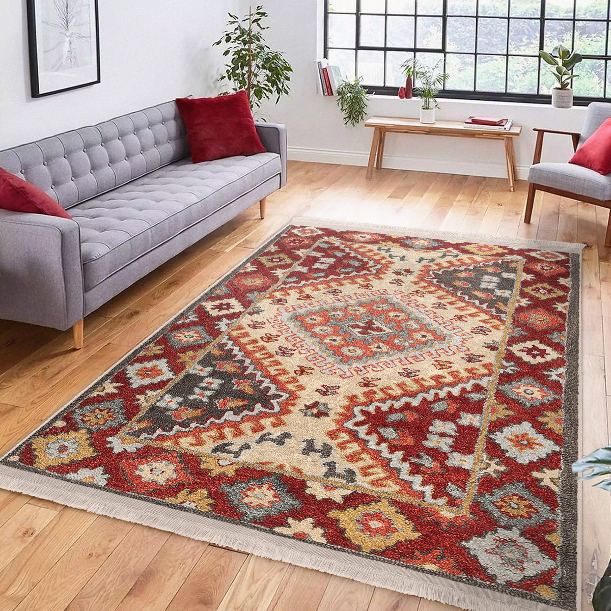 Kırmızı Zeminde Etnik Motifli Kilim Desenli Avangarde Vintage Salon & Oturma Odası Yatak Odası Dijital Baskılı Makinede Yıkanabilir Kaymaz Taban Saçaklı Halı Realhomes