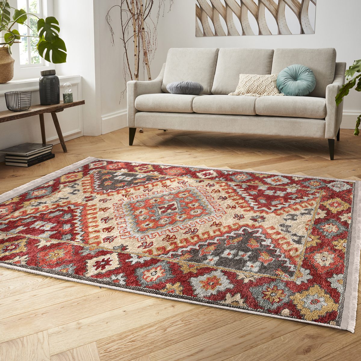 Kırmızı Zeminde Etnik Motifli Kilim Desenli Avangarde Vintage Salon & Oturma Odası Yatak Odası Dijital Baskılı Makinede Yıkanabilir Kaymaz Taban Saçaklı Halı Realhomes