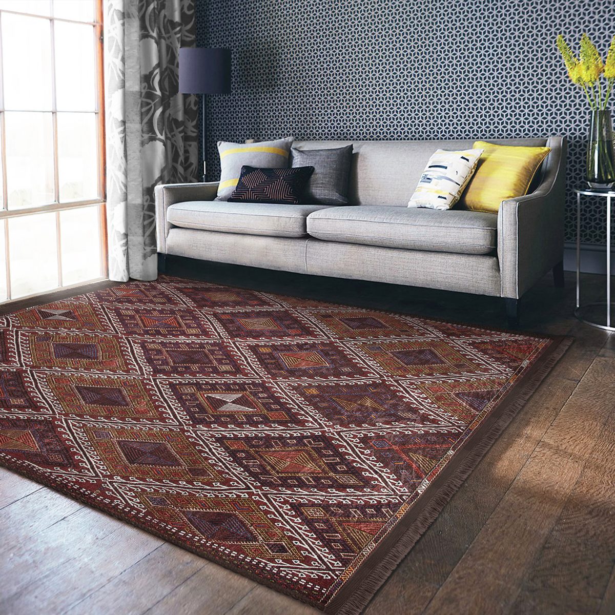 Kahverengi Zeminde Kilim Motifli Anadolu Desenli Avangarde Geometrik Salon & Oturma Odası Koridor & Antre Dijital Baskılı Makinede Yıkanabilir Kaymaz Taban Saçaklı Halı Realhomes