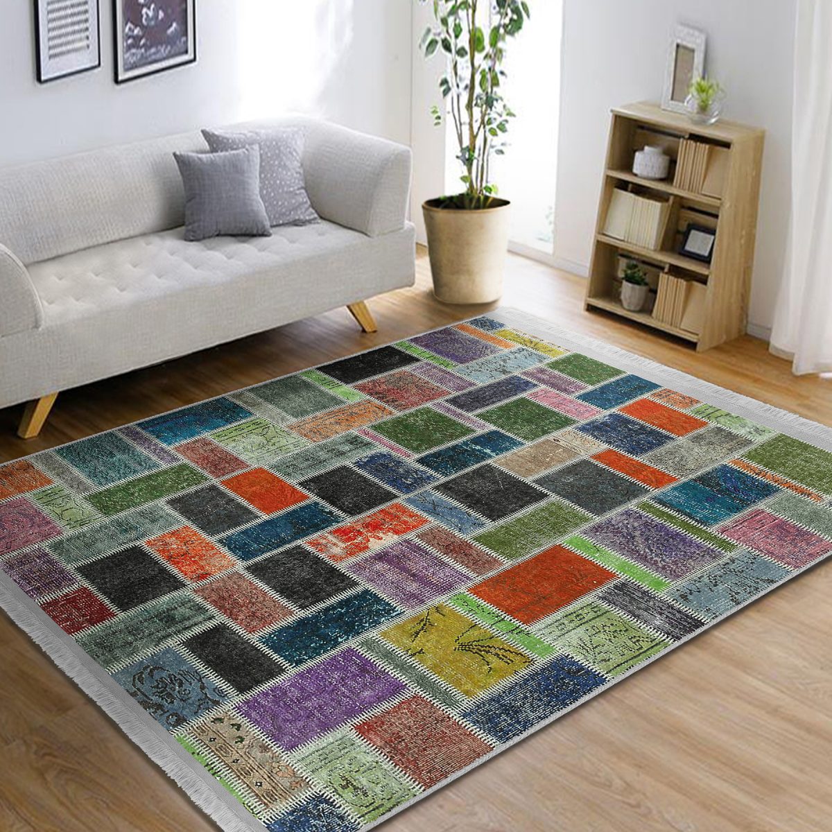 Kırkyama Zeminde Patchwork Motifli Geleneksel Desenli Vintage Klasik Salon & Oturma Odası Yatak Odası Dijital Baskılı Makinede Yıkanabilir Kaymaz Taban Saçaklı Halı Realhomes