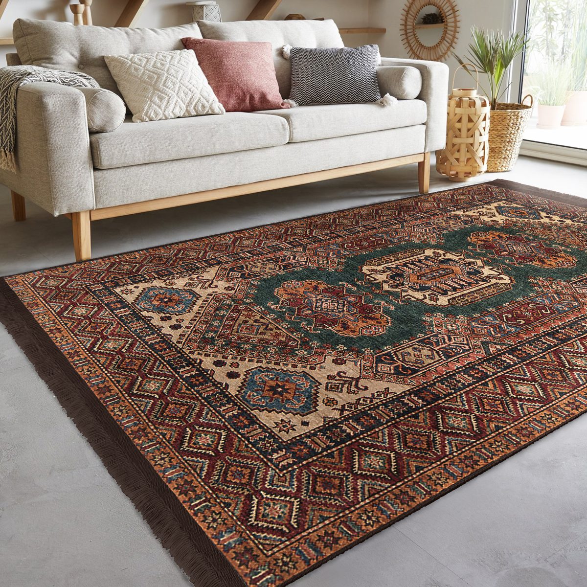 Kahverengi Zeminde Pers Motifli Kilim Desenli Avangarde Vintage Salon & Oturma Odası Yatak Odası Dijital Baskılı Makinede Yıkanabilir Kaymaz Taban Saçaklı Halı Realhomes