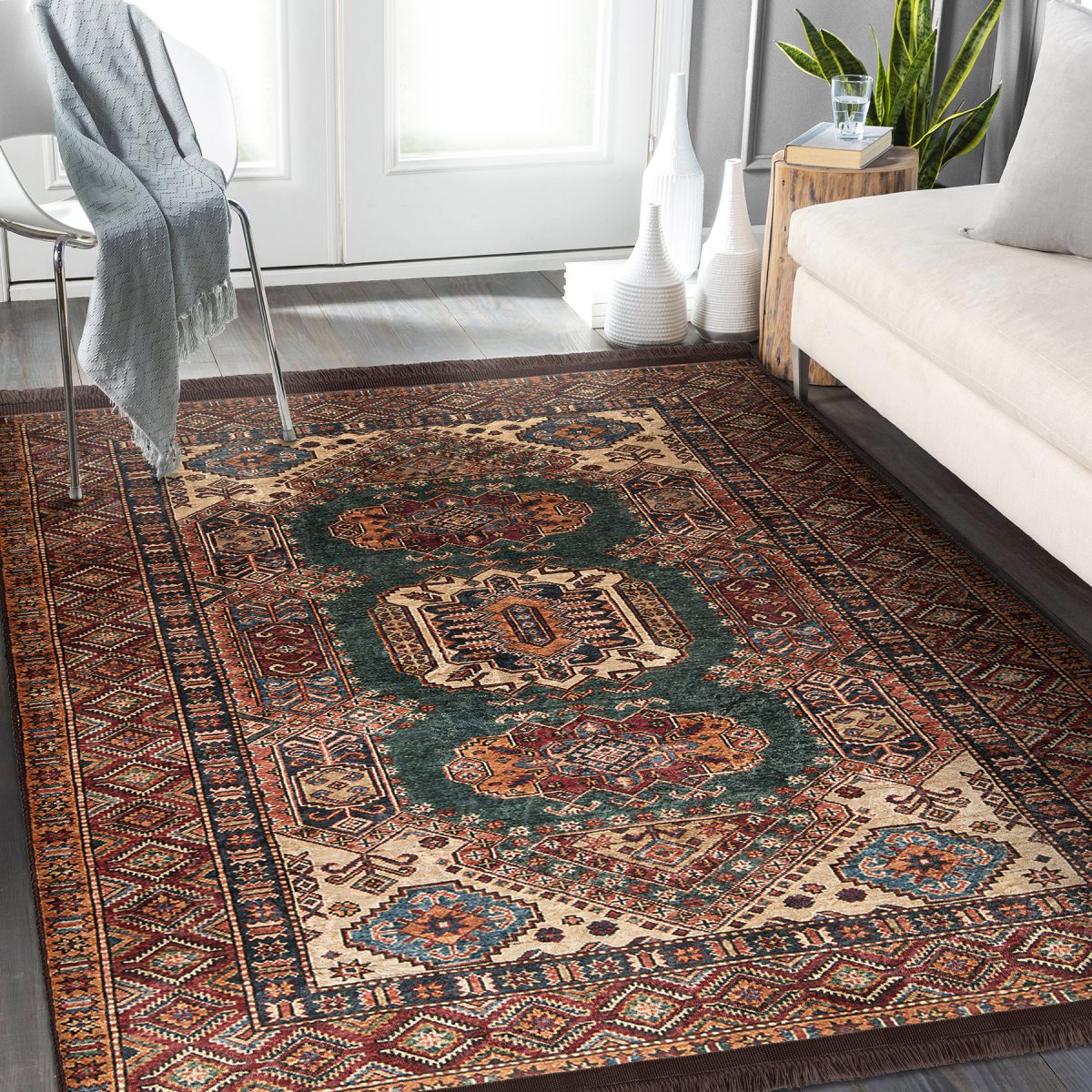 Kahverengi Zeminde Pers Motifli Kilim Desenli Avangarde Vintage Salon & Oturma Odası Yatak Odası Dijital Baskılı Makinede Yıkanabilir Kaymaz Taban Saçaklı Halı Realhomes