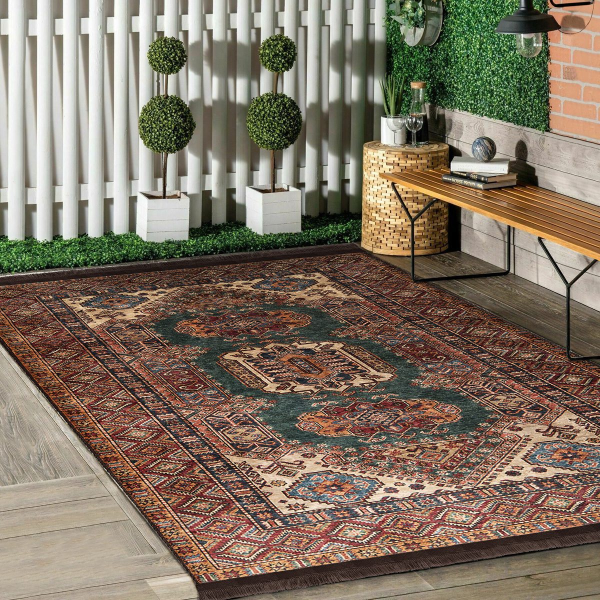 Kahverengi Zeminde Pers Motifli Kilim Desenli Avangarde Vintage Salon & Oturma Odası Yatak Odası Dijital Baskılı Makinede Yıkanabilir Kaymaz Taban Saçaklı Halı Realhomes