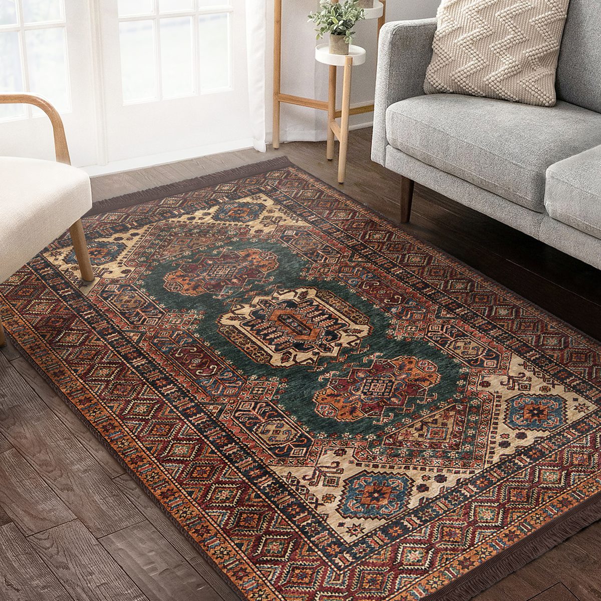 Kahverengi Zeminde Pers Motifli Kilim Desenli Avangarde Vintage Salon & Oturma Odası Yatak Odası Dijital Baskılı Makinede Yıkanabilir Kaymaz Taban Saçaklı Halı Realhomes