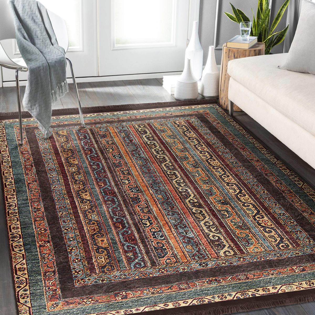 Patchwork Zeminde Hereke Motifli Kilim Desenli Avangarde Klasik Salon & Oturma Odası Yatak Odası Dijital Baskılı Makinede Yıkanabilir Kaymaz Taban Saçaklı Halı Realhomes