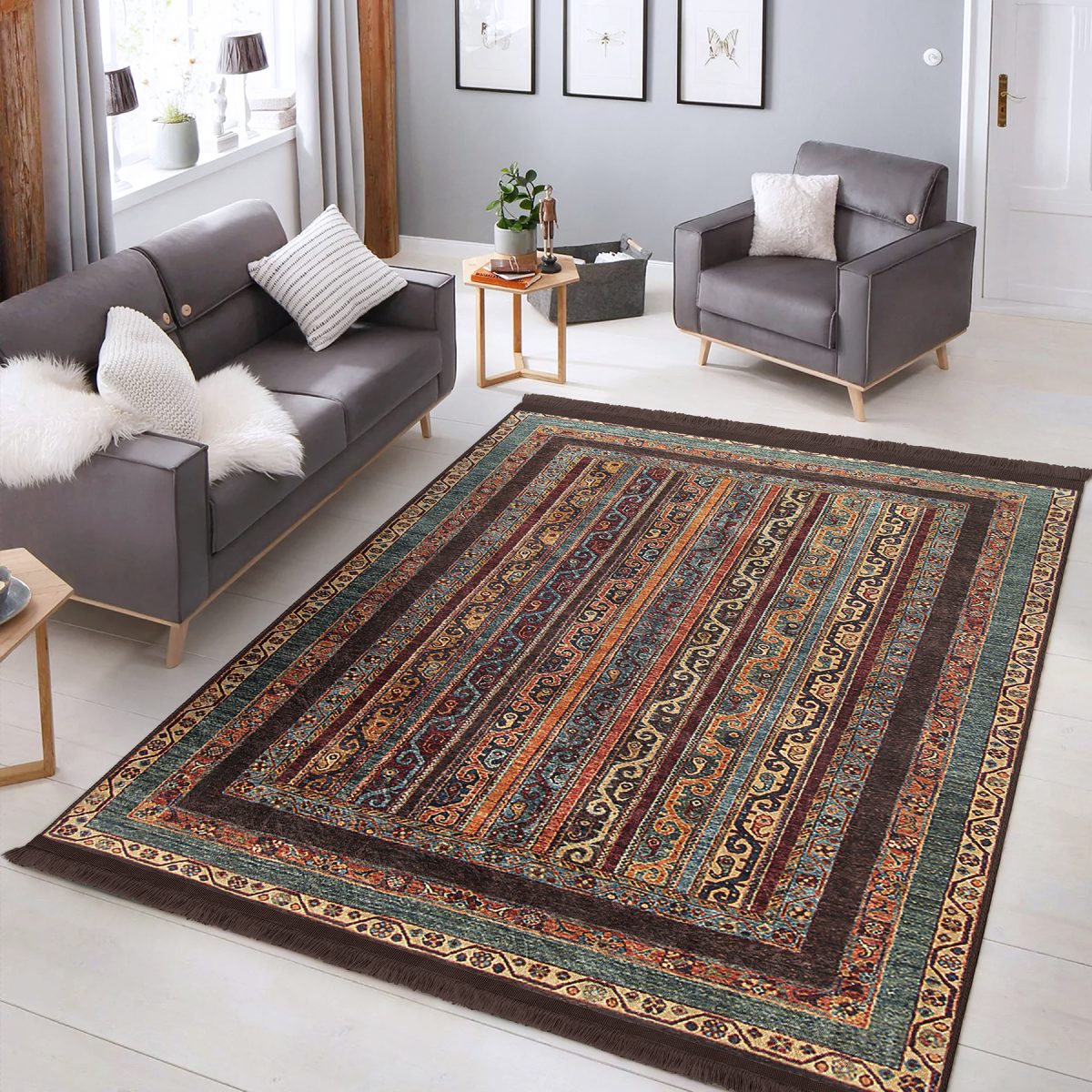 Patchwork Zeminde Hereke Motifli Kilim Desenli Avangarde Klasik Salon & Oturma Odası Yatak Odası Dijital Baskılı Makinede Yıkanabilir Kaymaz Taban Saçaklı Halı Realhomes