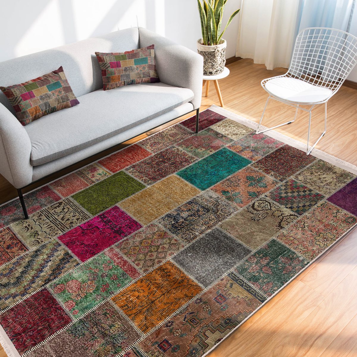 Kırkyama Zeminde Etnik Motifli Patchwork Desenli Vintage Etnik Motifler Salon & Oturma Odası Yatak Odası Dijital Baskılı Makinede Yıkanabilir Kaymaz Taban Saçaklı Halı Realhomes