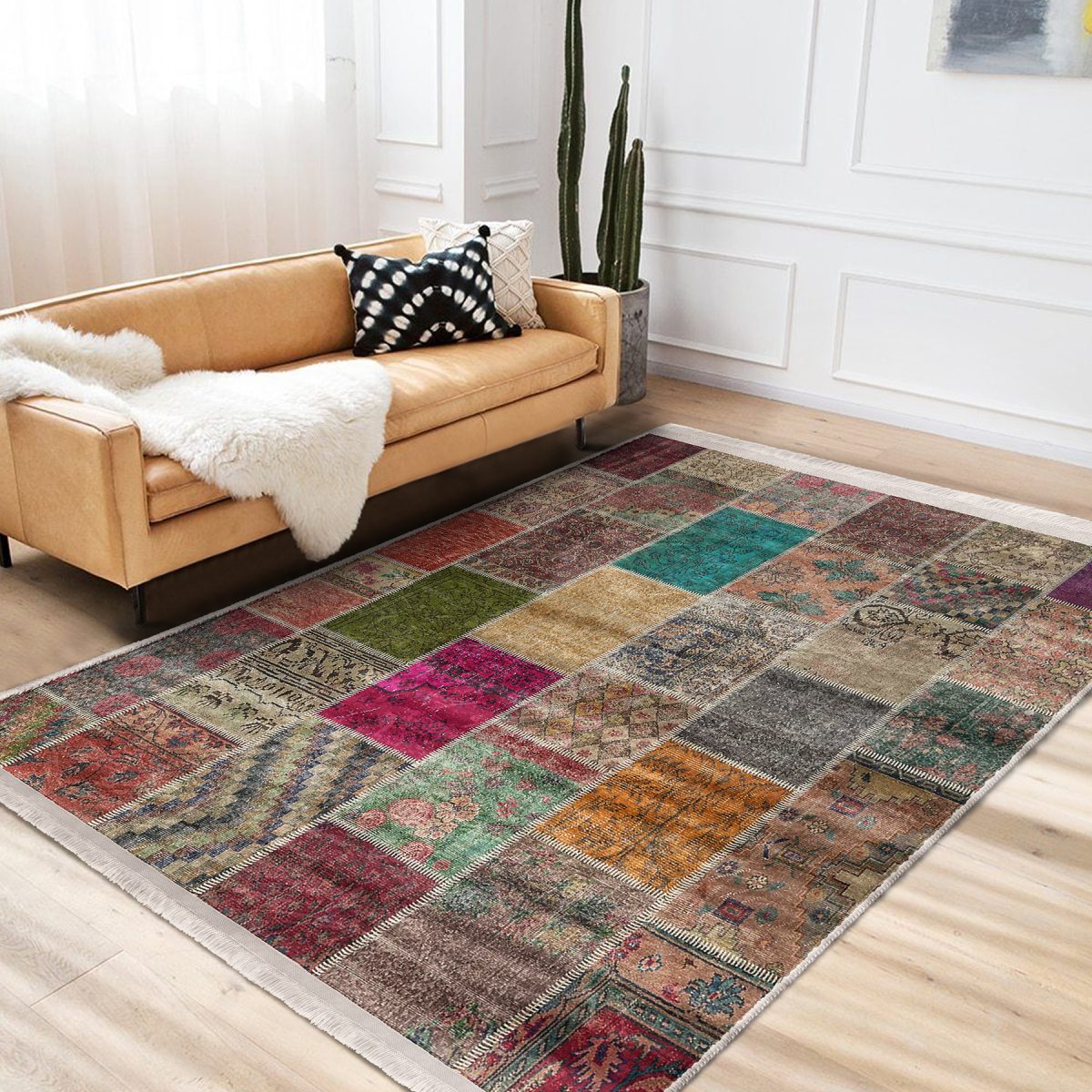 Kırkyama Zeminde Etnik Motifli Patchwork Desenli Vintage Etnik Motifler Salon & Oturma Odası Yatak Odası Dijital Baskılı Makinede Yıkanabilir Kaymaz Taban Saçaklı Halı Realhomes