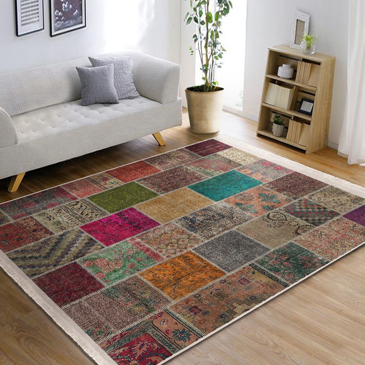 Kırkyama Zeminde Etnik Motifli Patchwork Desenli Vintage Etnik Motifler Salon & Oturma Odası Yatak Odası Dijital Baskılı Makinede Yıkanabilir Kaymaz Taban Saçaklı Halı Realhomes