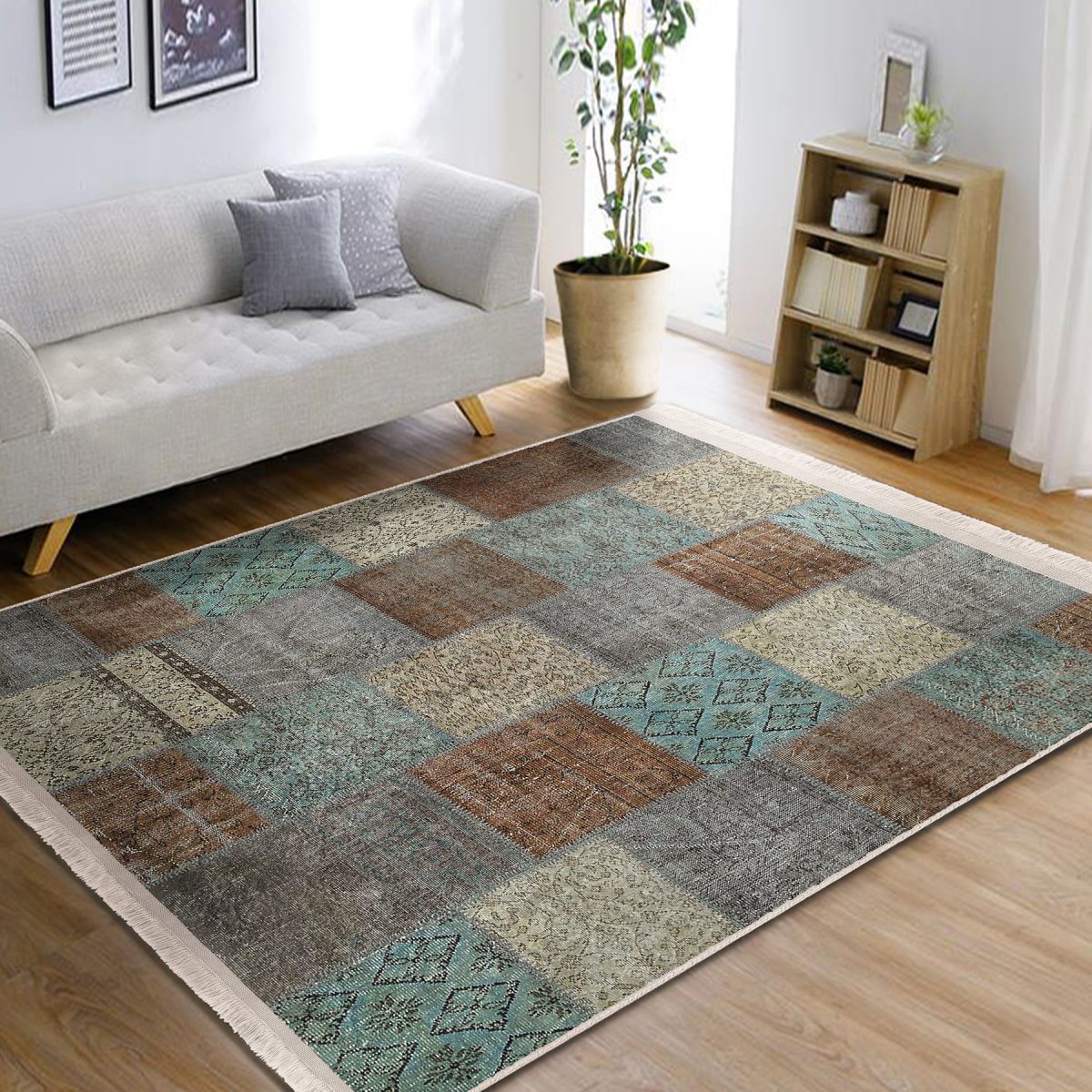 Krem Zeminde Kırkyama Motifli Patchwork Desenli Vintage Sade & Şık Salon & Oturma Odası Yatak Odası Dijital Baskılı Makinede Yıkanabilir Kaymaz Taban Saçaklı Halı Realhomes