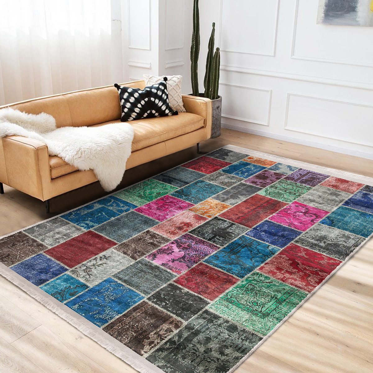 Çok Renkli Zeminde Kırkyama Motifli Patchwork Desenli Vintage Klasik Salon & Oturma Odası Yatak Odası Dijital Baskılı Makinede Yıkanabilir Kaymaz Taban Saçaklı Halı Realhomes