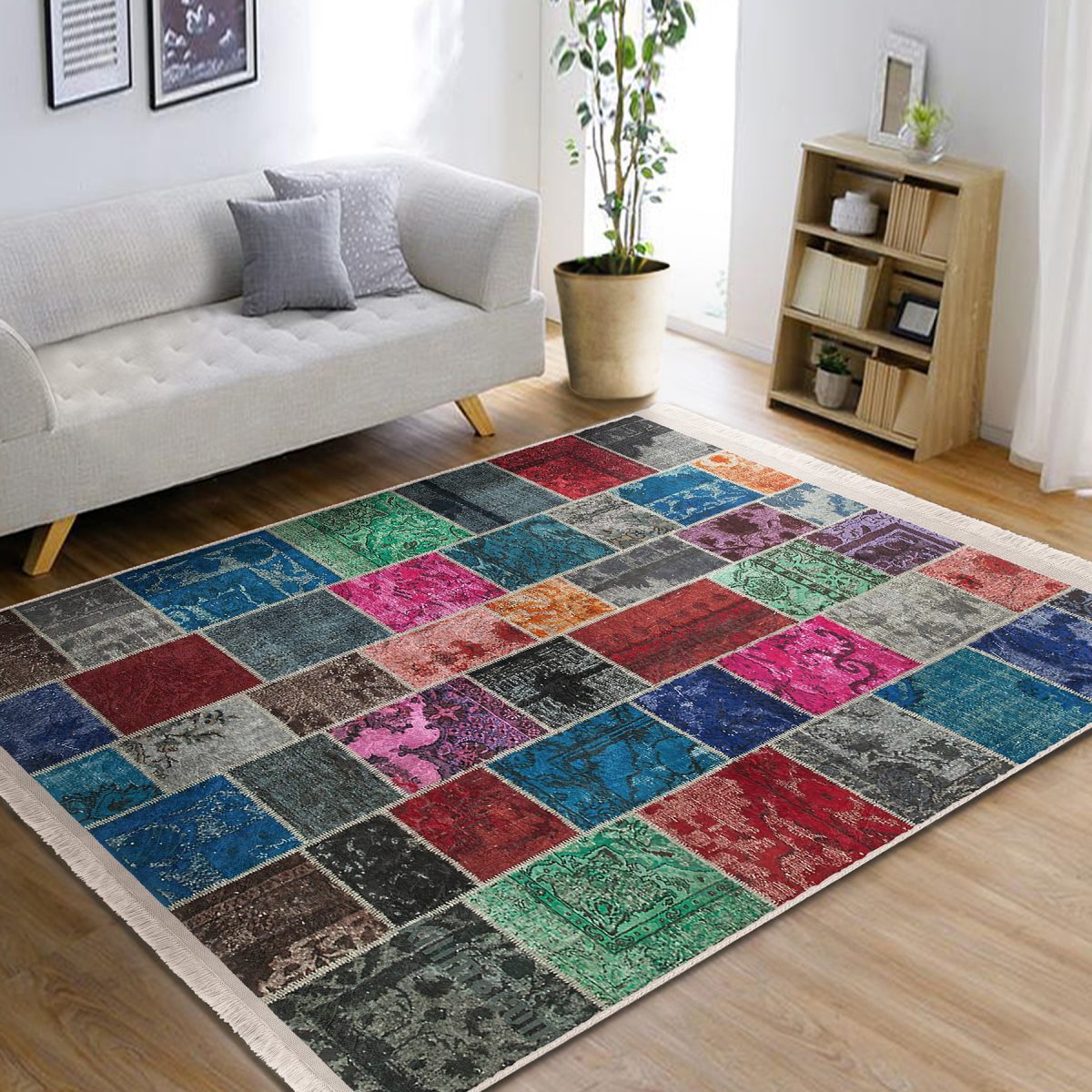 Çok Renkli Zeminde Kırkyama Motifli Patchwork Desenli Vintage Klasik Salon & Oturma Odası Yatak Odası Dijital Baskılı Makinede Yıkanabilir Kaymaz Taban Saçaklı Halı Realhomes