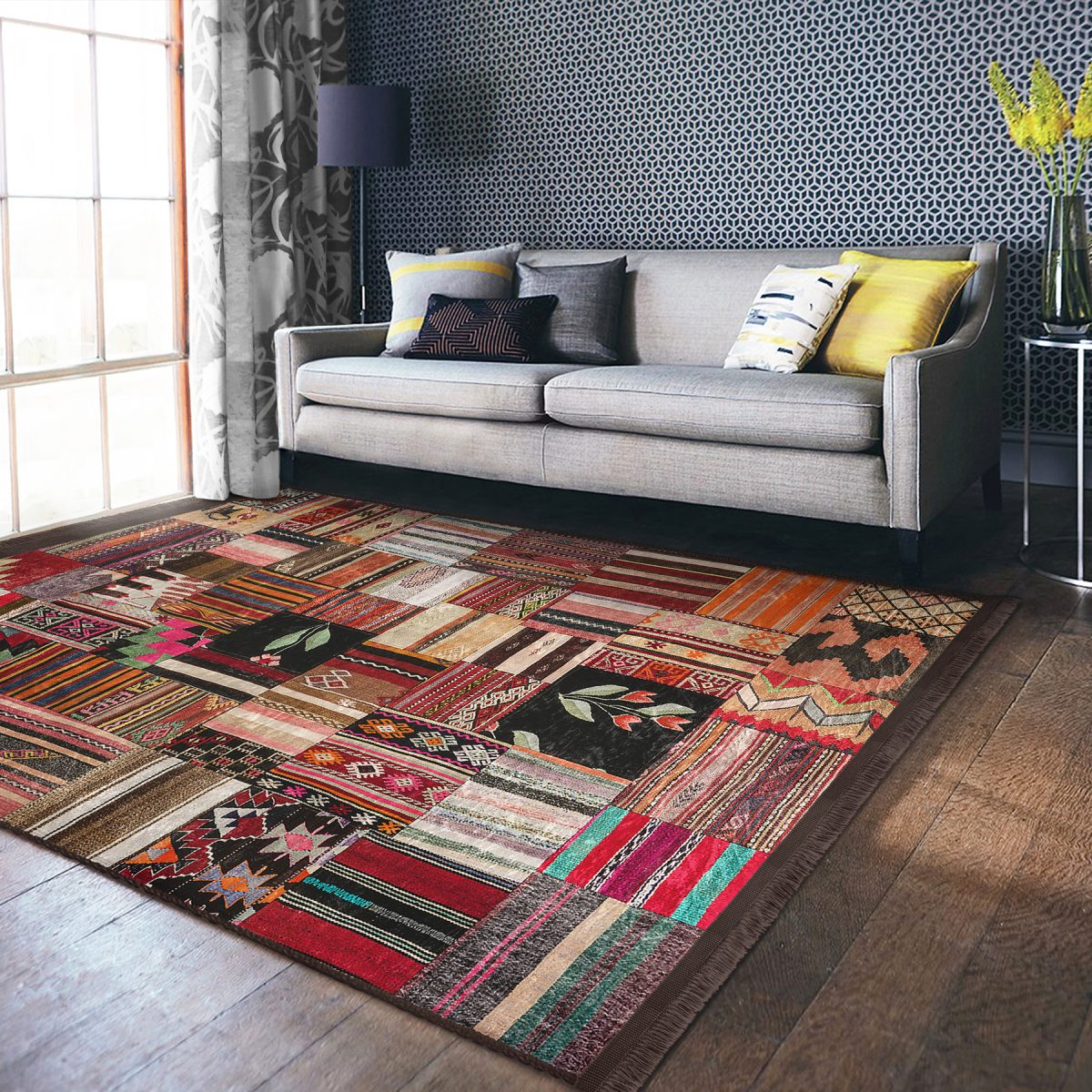 Siyah - Beyaz Zeminde Kırkyama Motifli Patchwork Desenli Vintage Sade & Şık Salon & Oturma Odası Yatak Odası Dijital Baskılı Makinede Yıkanabilir Kaymaz Taban Saçaklı Halı Realhomes