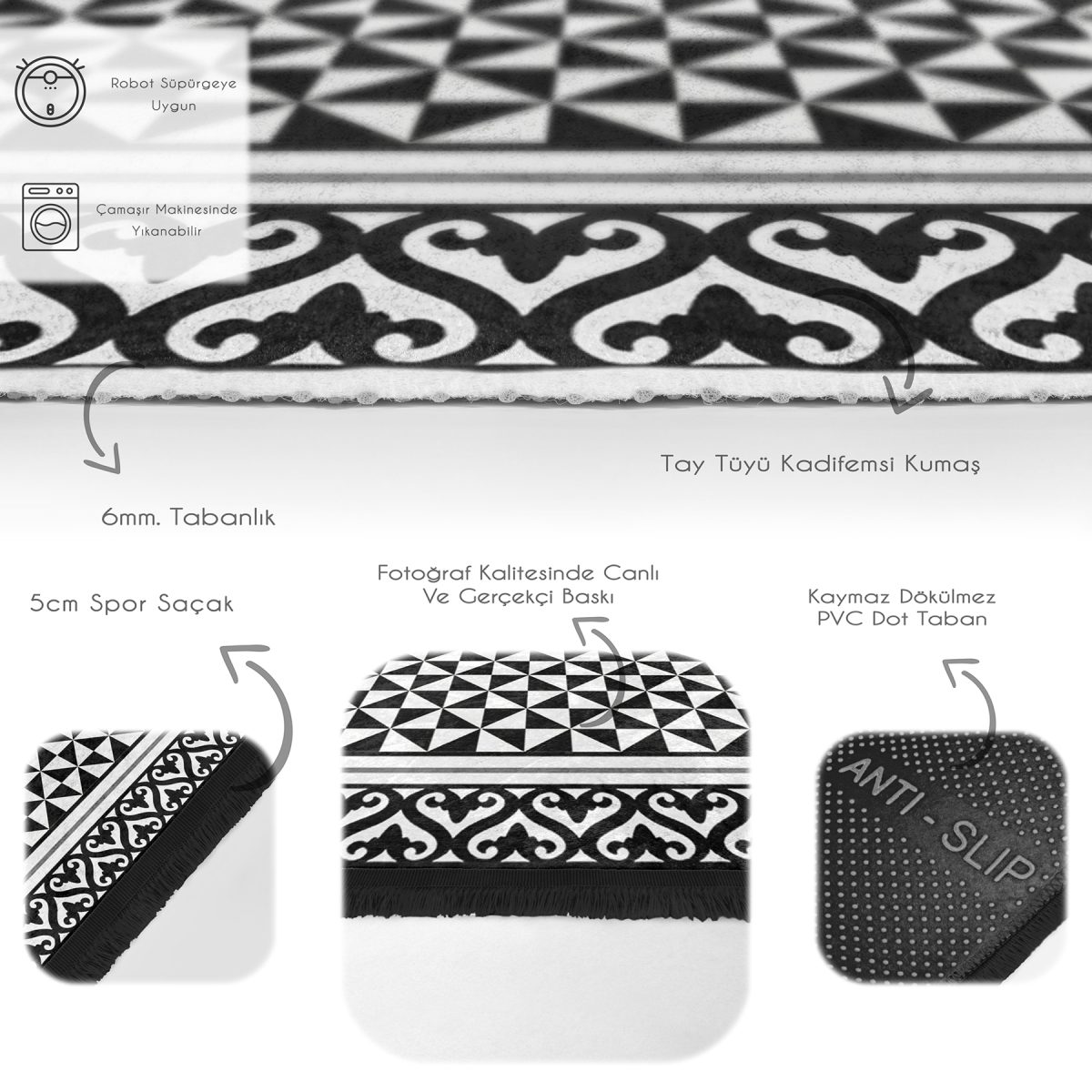 Siyah - Beyaz Zeminde Çerçeveli Motifli Geometrik Desenli Geometrik Sade & Şık Salon & Oturma Odası Ofis Dijital Baskılı Makinede Yıkanabilir Kaymaz Taban Saçaklı Halı Realhomes