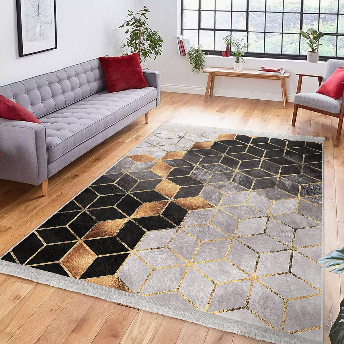 Siyah - Gold Zeminde Geometrik Motifli Mozaik Desenli Geometrik Sade & Şık Salon & Oturma Odası Koridor & Antre Dijital Baskılı Makinede Yıkanabilir Kaymaz Taban Saçaklı Halı Realhomes