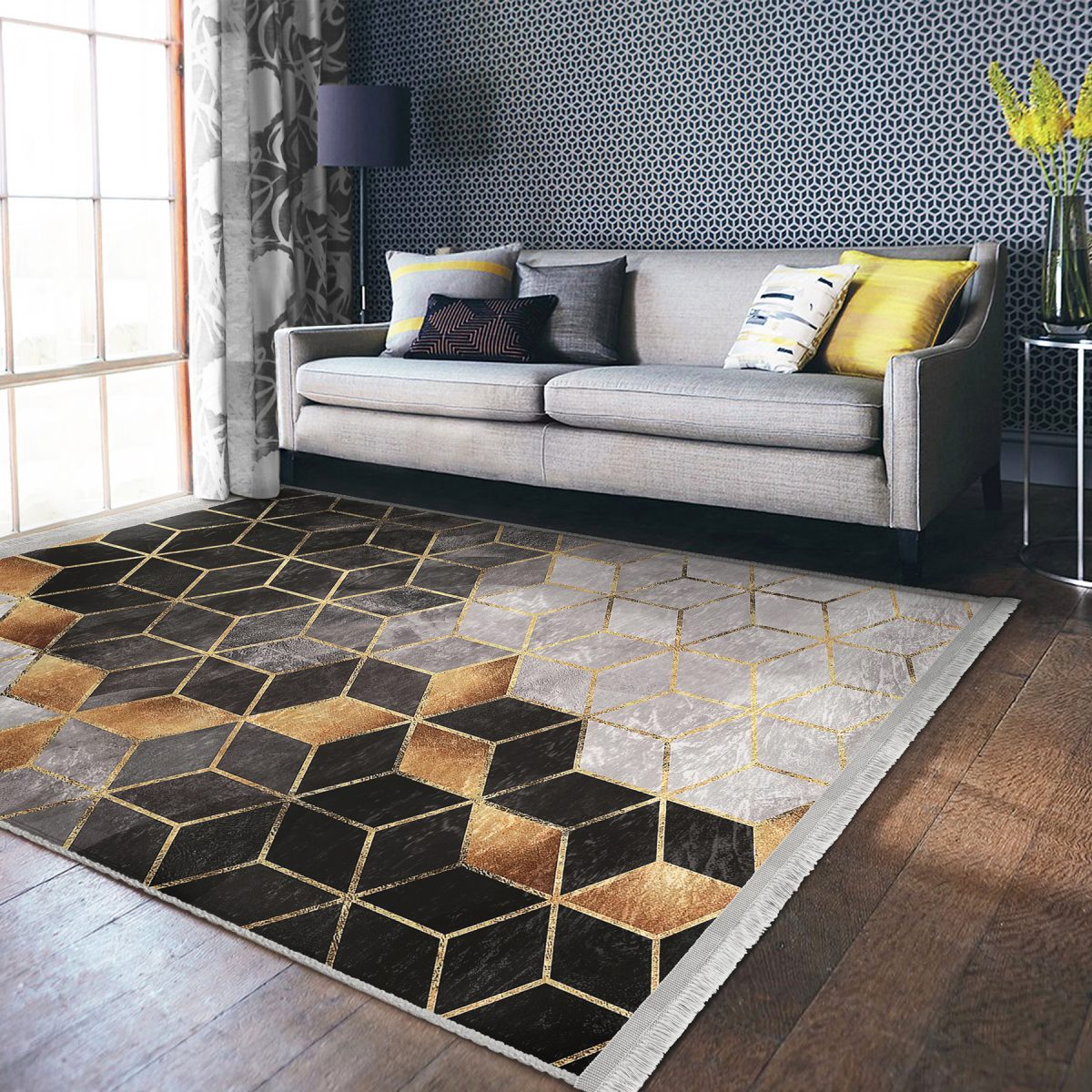 Siyah - Gold Zeminde Geometrik Motifli Mozaik Desenli Geometrik Sade & Şık Salon & Oturma Odası Koridor & Antre Dijital Baskılı Makinede Yıkanabilir Kaymaz Taban Saçaklı Halı Realhomes