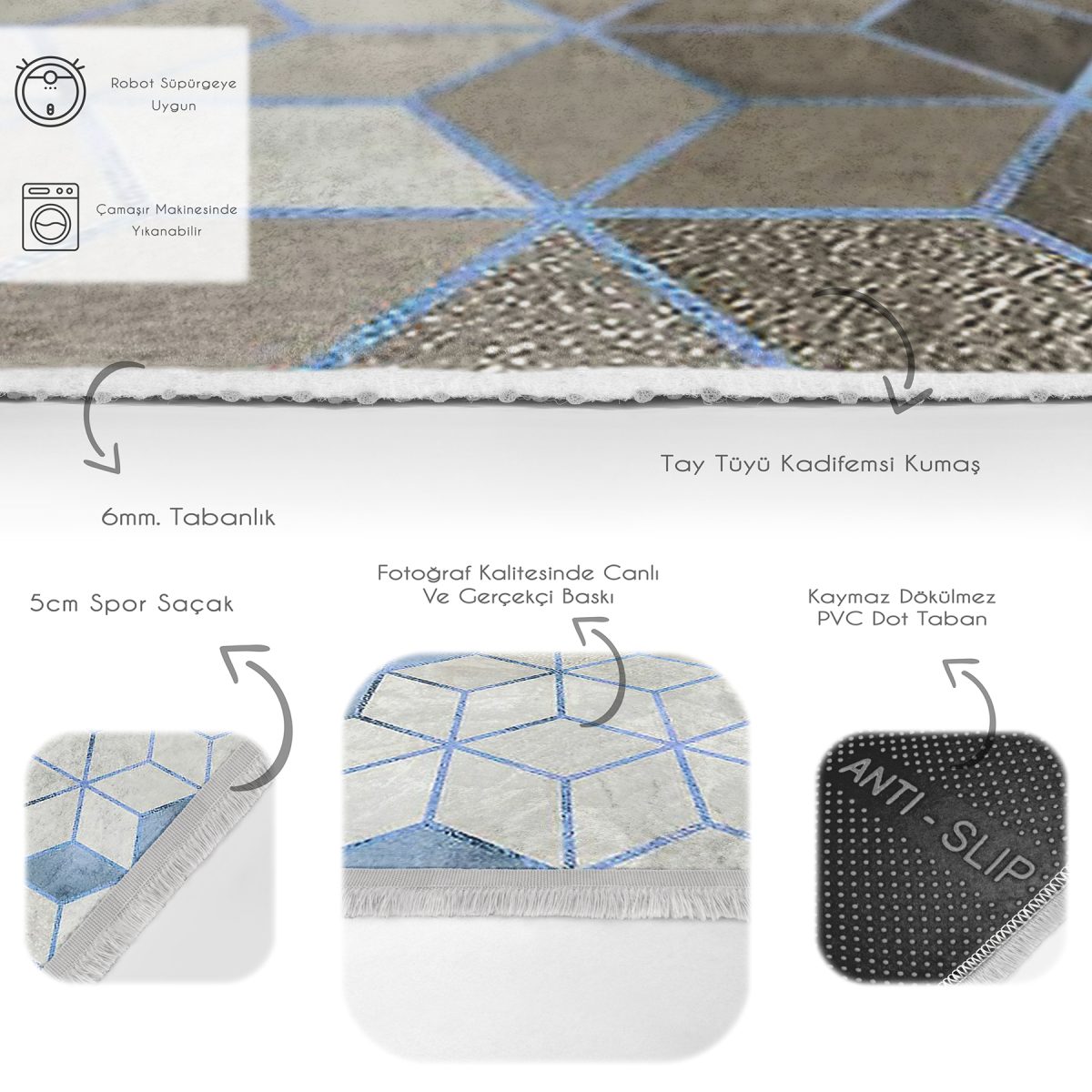 Siyah - Mavi Zeminde Geometrik Motifli Mozaik Desenli Geometrik Klasik Salon & Oturma Odası Koridor & Antre Dijital Baskılı Makinede Yıkanabilir Kaymaz Taban Saçaklı Halı Realhomes