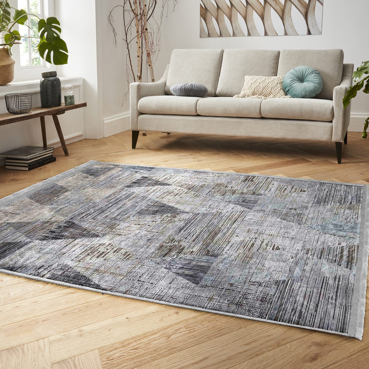 Füme Zeminde Eskitme Motifli Retro Desenli Geometrik Eskitme Motifli Salon & Oturma Odası Koridor & Antre Dijital Baskılı Makinede Yıkanabilir Kaymaz Taban Saçaklı Halı Realhomes