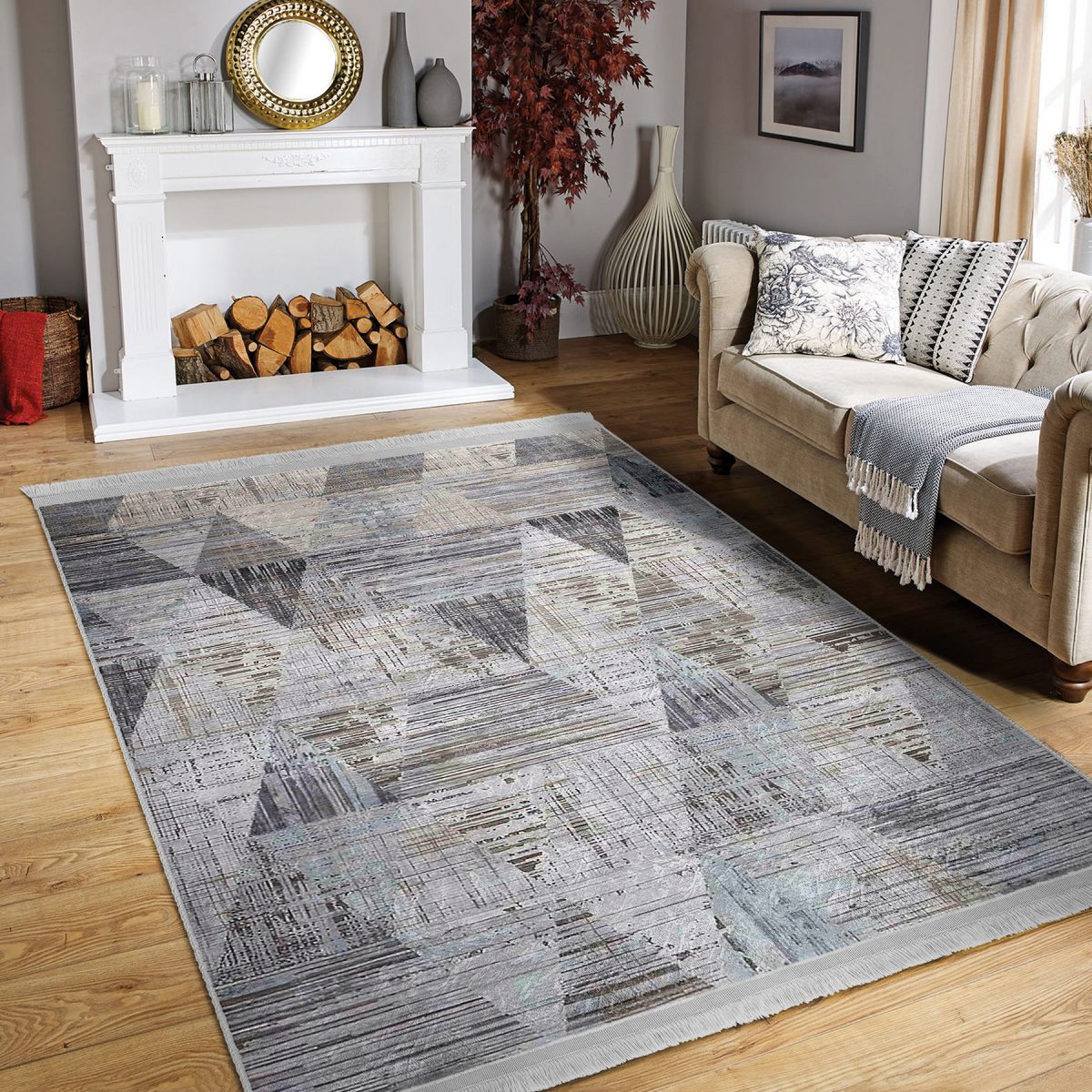 Füme Zeminde Eskitme Motifli Retro Desenli Geometrik Eskitme Motifli Salon & Oturma Odası Koridor & Antre Dijital Baskılı Makinede Yıkanabilir Kaymaz Taban Saçaklı Halı Realhomes