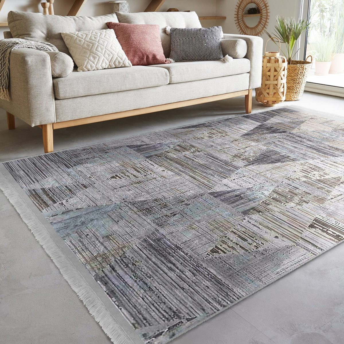 Füme Zeminde Eskitme Motifli Retro Desenli Geometrik Eskitme Motifli Salon & Oturma Odası Koridor & Antre Dijital Baskılı Makinede Yıkanabilir Kaymaz Taban Saçaklı Halı Realhomes