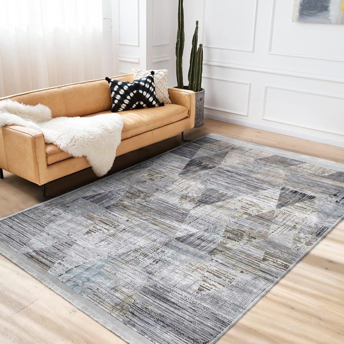 Füme Zeminde Eskitme Motifli Retro Desenli Geometrik Eskitme Motifli Salon & Oturma Odası Koridor & Antre Dijital Baskılı Makinede Yıkanabilir Kaymaz Taban Saçaklı Halı Realhomes