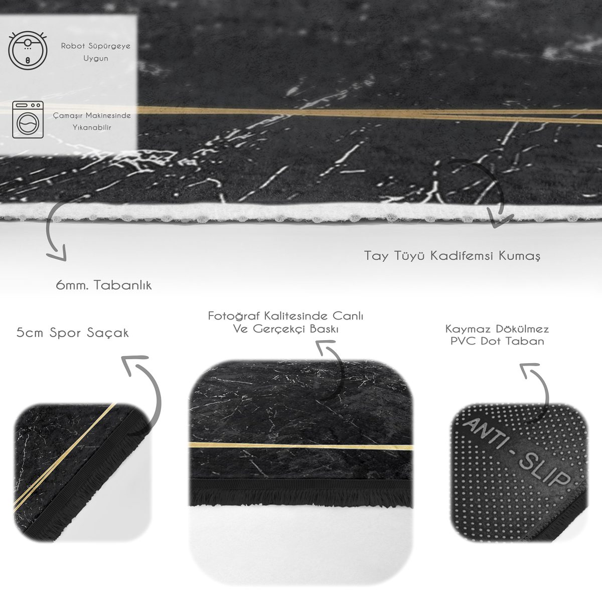 Siyah - Gold Zeminde Çerçeveli Motifli Mermer Desenli Sade & Şık Geometrik Salon & Oturma Odası Yatak Odası Dijital Baskılı Makinede Yıkanabilir Kaymaz Taban Saçaklı Halı Realhomes
