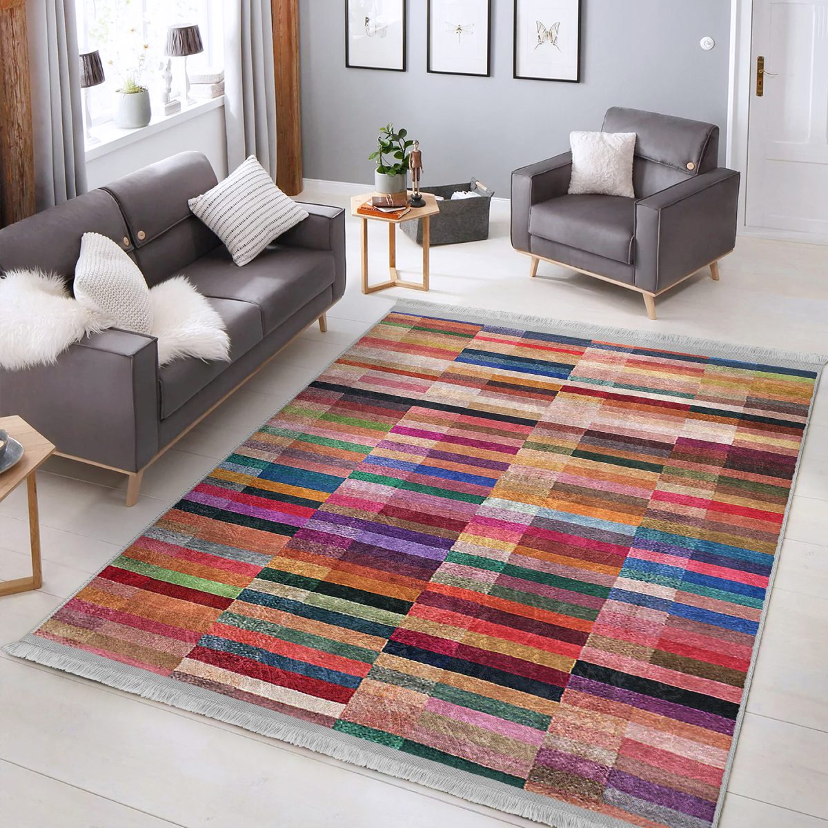 Çok Renkli Zeminde Patchwork Motifli Kırkyama Desenli Vintage Klasik Salon & Oturma Odası Yatak Odası Dijital Baskılı Makinede Yıkanabilir Kaymaz Taban Saçaklı Halı Realhomes