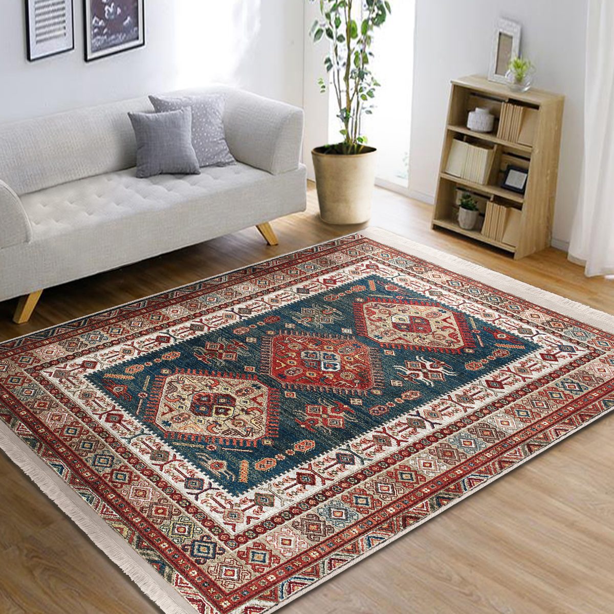 Antika Zeminde Pers Motifli Kilim Desenli Etnik Motifler Vintage Salon & Oturma Odası Yatak Odası Dijital Baskılı Makinede Yıkanabilir Kaymaz Taban Saçaklı Halı Realhomes