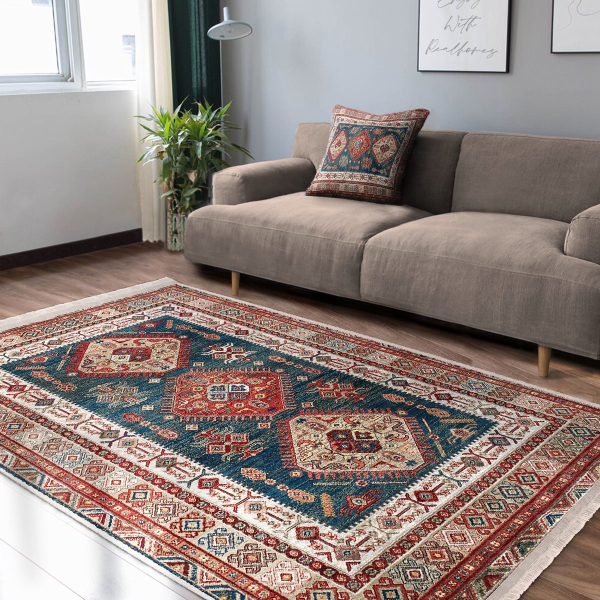 Antika Zeminde Pers Motifli Kilim Desenli Etnik Motifler Vintage Salon & Oturma Odası Yatak Odası Dijital Baskılı Makinede Yıkanabilir Kaymaz Taban Saçaklı Halı Realhomes