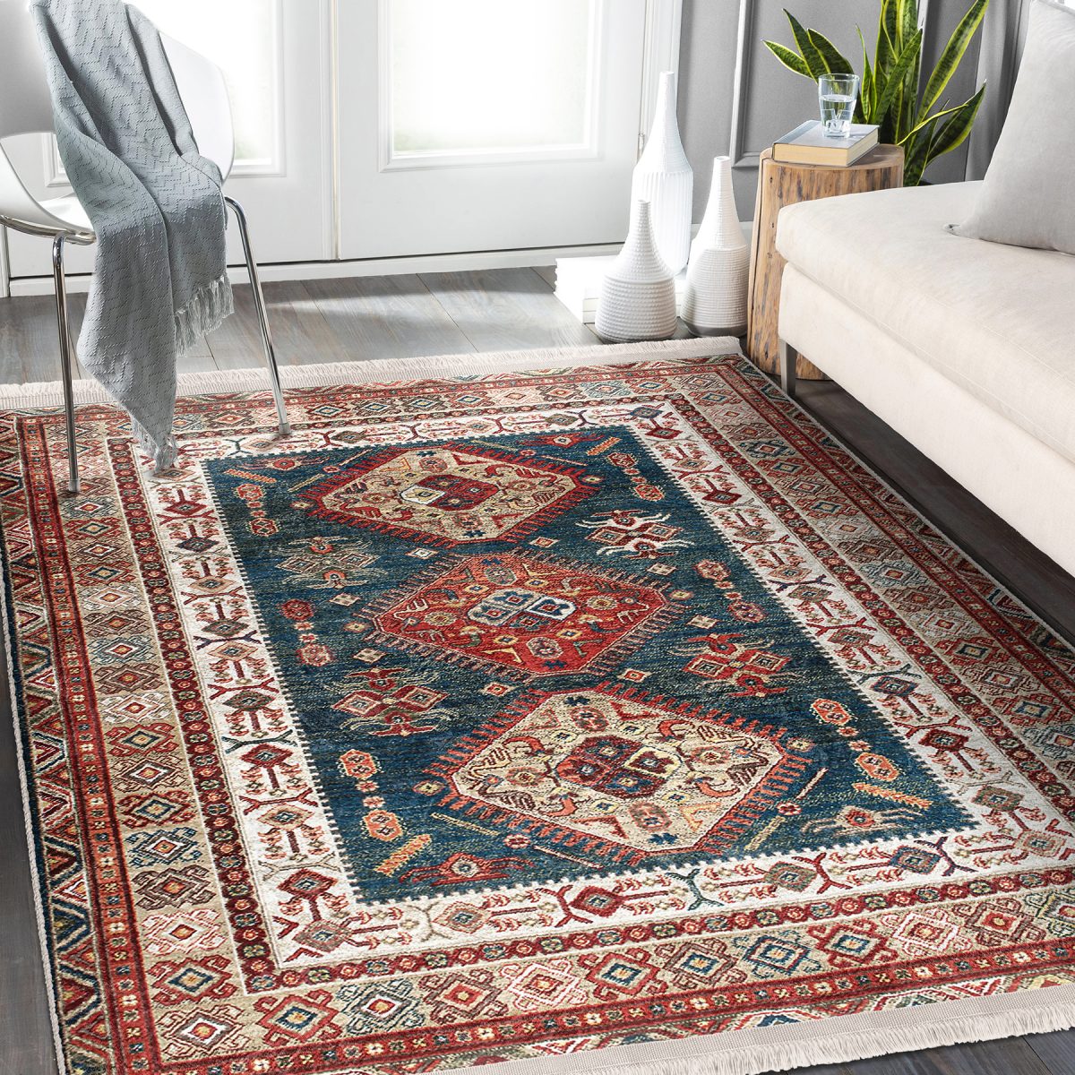 Antika Zeminde Pers Motifli Kilim Desenli Etnik Motifler Vintage Salon & Oturma Odası Yatak Odası Dijital Baskılı Makinede Yıkanabilir Kaymaz Taban Saçaklı Halı Realhomes