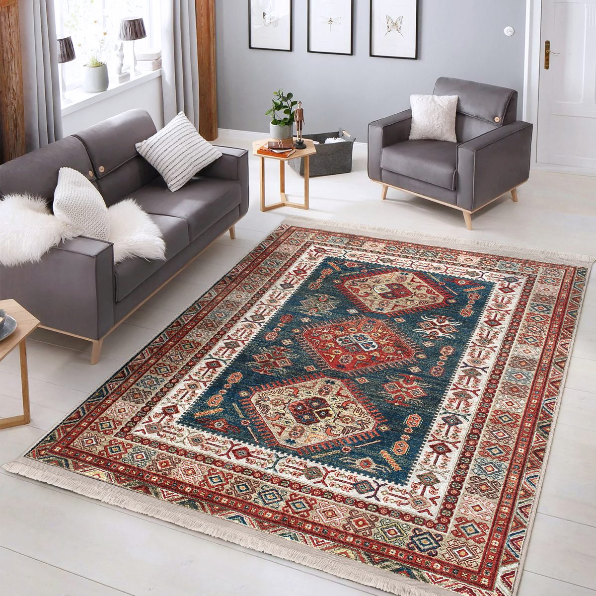 Antika Zeminde Pers Motifli Kilim Desenli Etnik Motifler Vintage Salon & Oturma Odası Yatak Odası Dijital Baskılı Makinede Yıkanabilir Kaymaz Taban Saçaklı Halı Realhomes