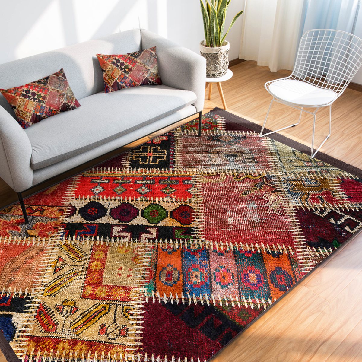 Kırmızı Zeminde Patchwork Motifli Kırkyama Desenli Vintage Etnik Motifler Salon & Oturma Odası Koridor & Antre Dijital Baskılı Makinede Yıkanabilir Kaymaz Taban Saçaklı Halı Realhomes