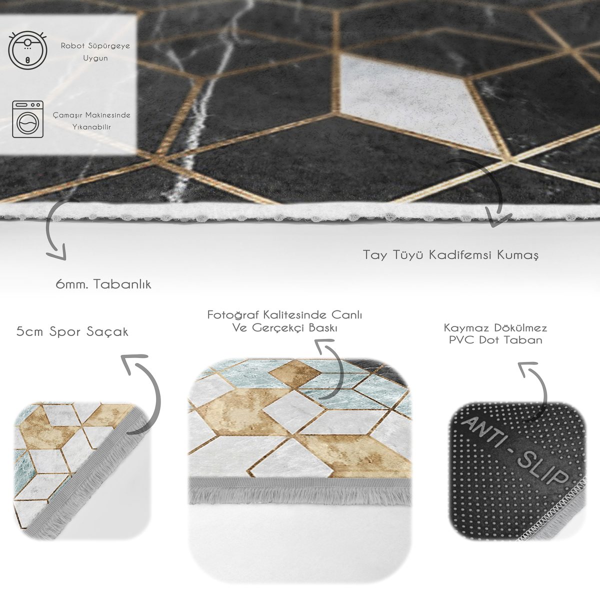 Gold- Siyah Zeminde Mozaik Motifli Geometrik Desenli Geometrik Klasik Salon & Oturma Odası Banyo Dijital Baskılı Makinede Yıkanabilir Kaymaz Taban Saçaklı Halı Realhomes