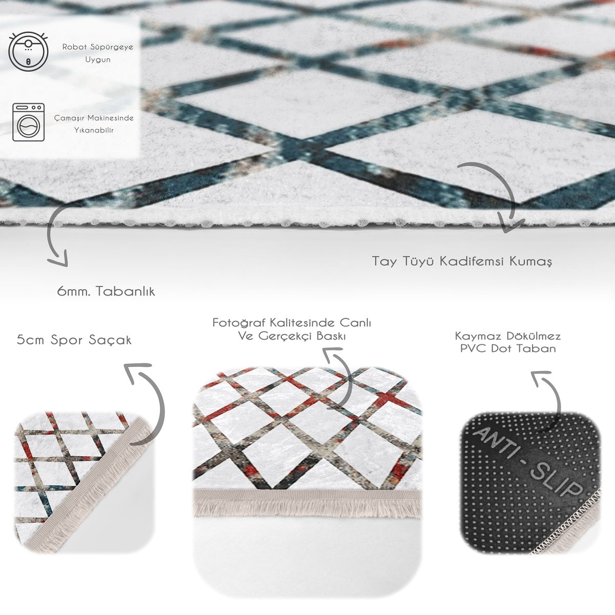 Beyaz Zeminde Geometrik Motifli Eskitme Desenli Geometrik Sade & Şık Banyo Mutfak Dijital Baskılı Makinede Yıkanabilir Kaymaz Taban Saçaklı Halı Realhomes