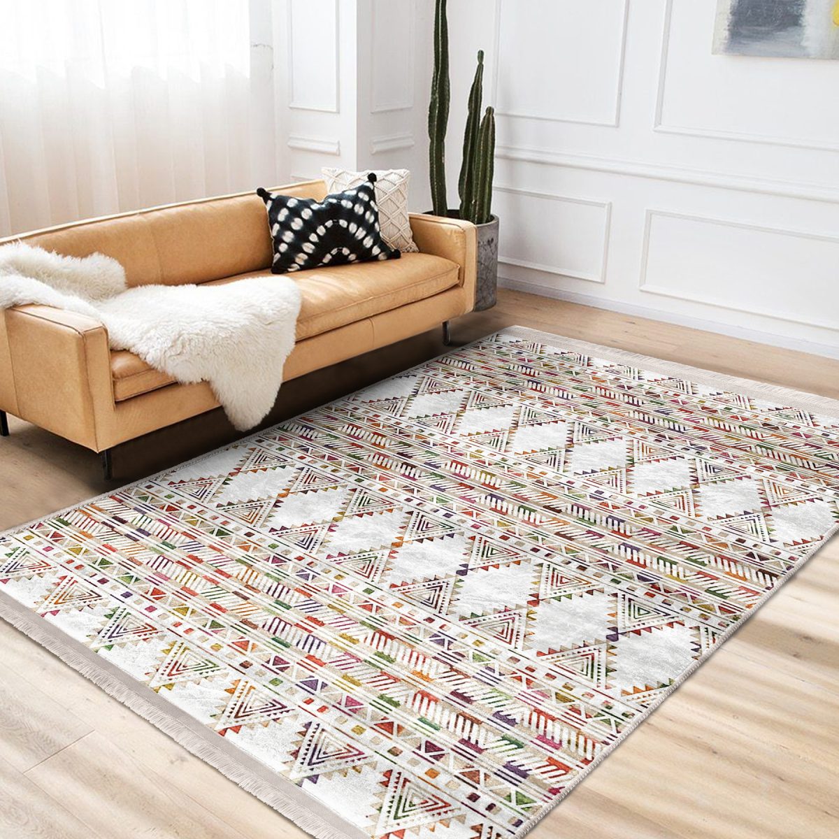 Beyaz Zeminde Etnik Motifli Kilim Desenli Geometrik Etnik Motifler Salon & Oturma Odası Koridor & Antre Dijital Baskılı Makinede Yıkanabilir Kaymaz Taban Saçaklı Halı Realhomes