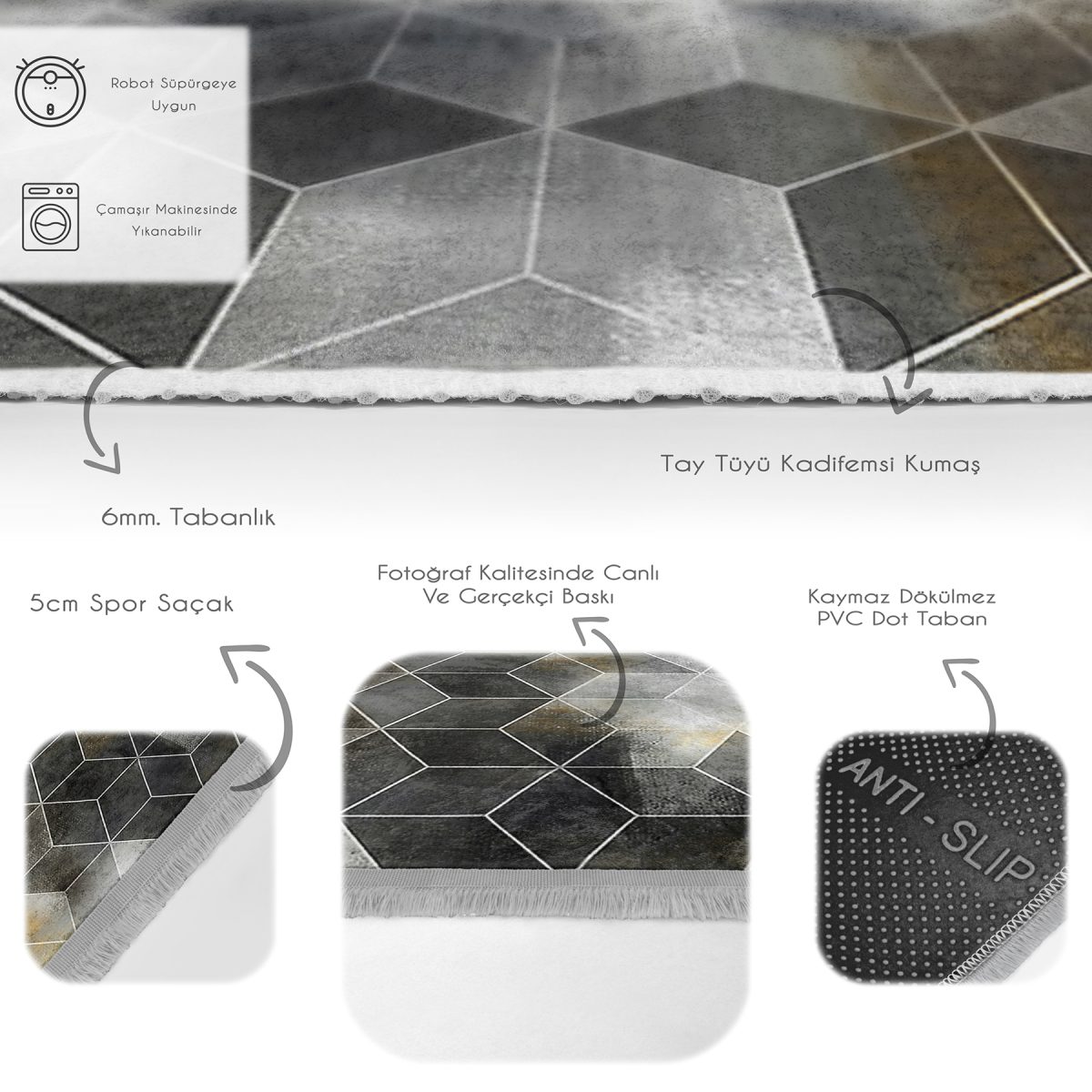 Siyah - Bej Zeminde Geometrik Motifli Klasik Desenli Geometrik Sade & Şık Banyo Koridor & Antre Dijital Baskılı Makinede Yıkanabilir Kaymaz Taban Saçaklı Halı Realhomes