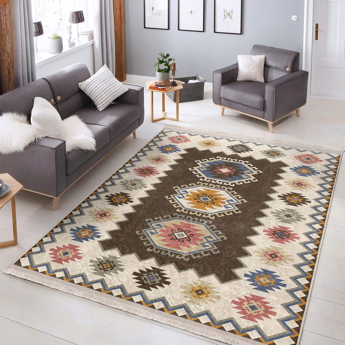 Kahverengi Zeminde Etnik Motifli Kilim Desenli Avangarde Vintage Salon & Oturma Odası Yatak Odası Dijital Baskılı Makinede Yıkanabilir Kaymaz Taban Saçaklı Halı Realhomes